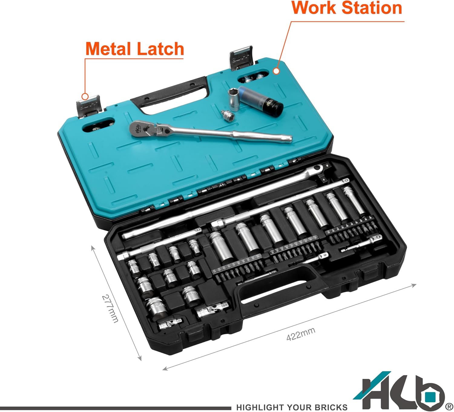 HB 123-Piece Socket Set AKX008-U, 90T Flex Head Ratchet 3/8", 72T Stubby Ratchet 1/4", Dual Drive Breaker Bar, Metric & SAE Non-Slip Deep & Semi-Deep Impact Sockets, Chrome Vanadium, Made in Taiwan