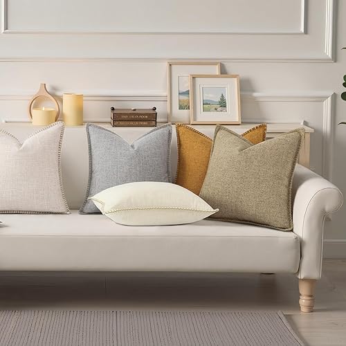 Miniatura 6 de decorUhome Juego de 2 fundas de almohada decorativas de otoño para exteriores de 26 x 26 pulgadas, fundas cuadradas de lino con borde cosido, fundas