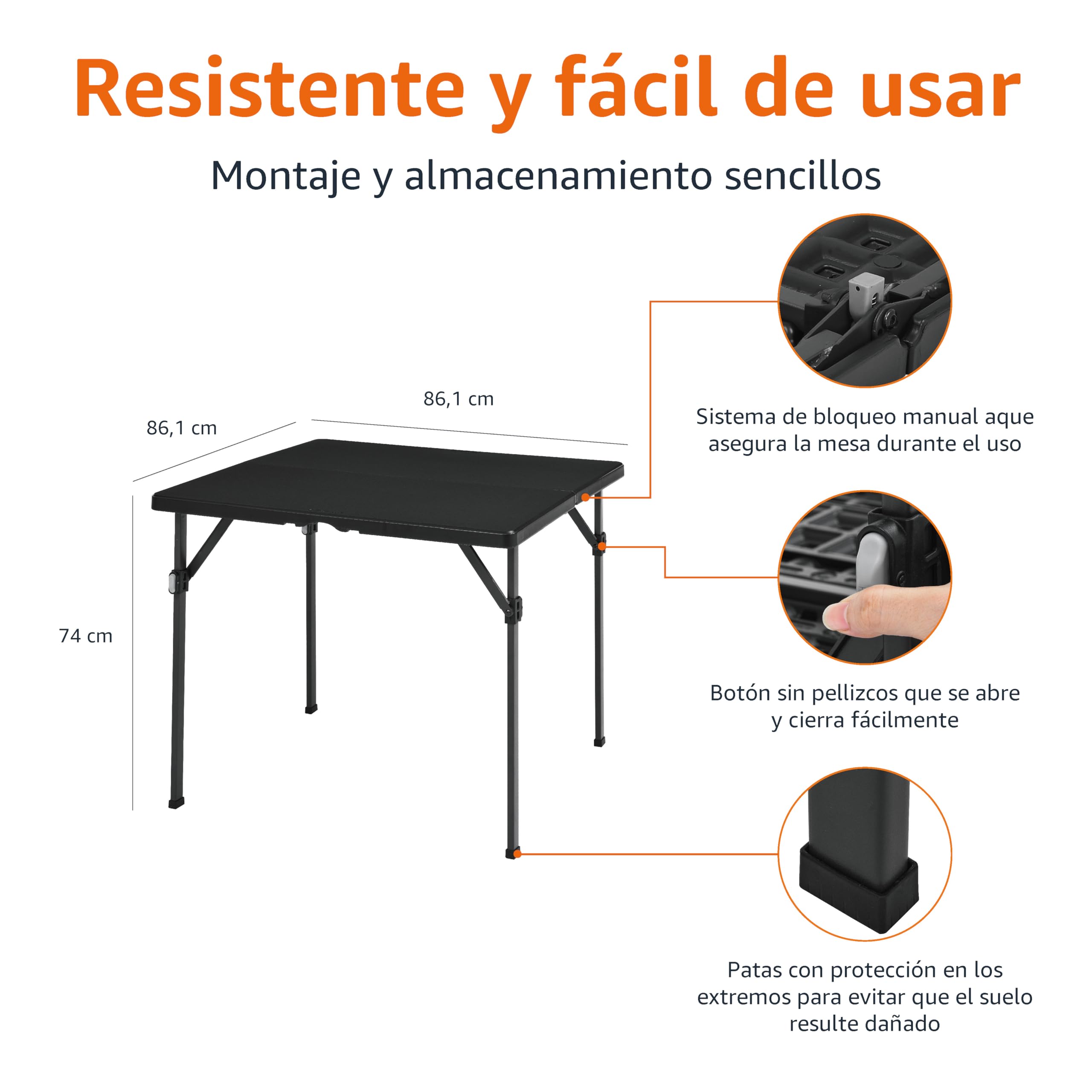 Amazon Basics Mesa de comedor plegable cuadrada con asa de transporte, para interiores y exteriores, portátil, ligera, viaje, picnic, camping, negro, 86.1 x 86.1 x 74 cm