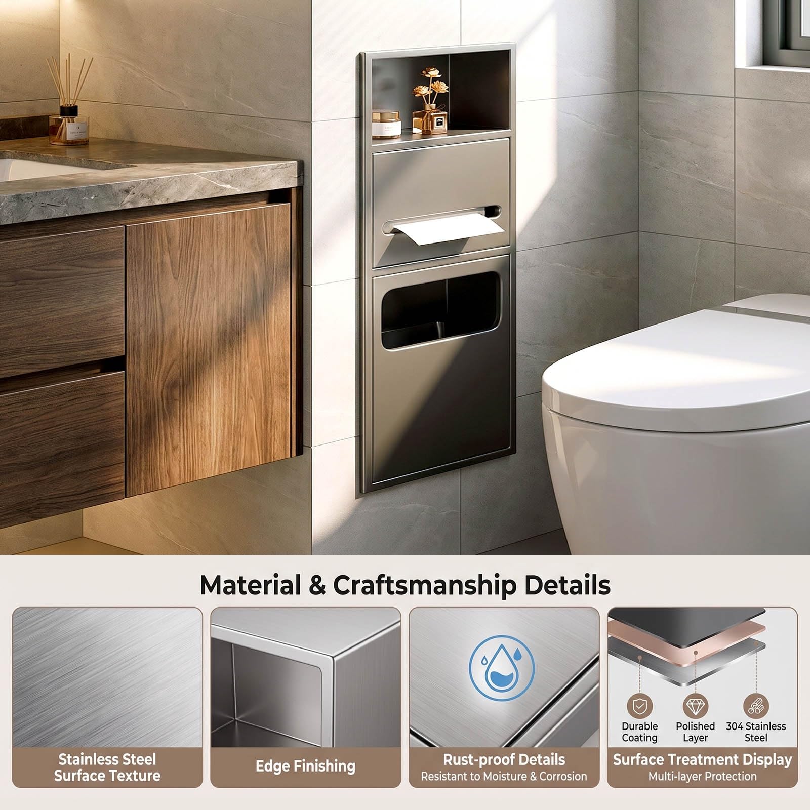 Unterputz WC Papierhalter Edelstahl Wandnische mit Aufbewahrung | Platzsparend Wasserdichter Verdeckter Einbau Mülleimer für Badezimmer Renovierung und kleine(Weiß,63x20x13.5cm)