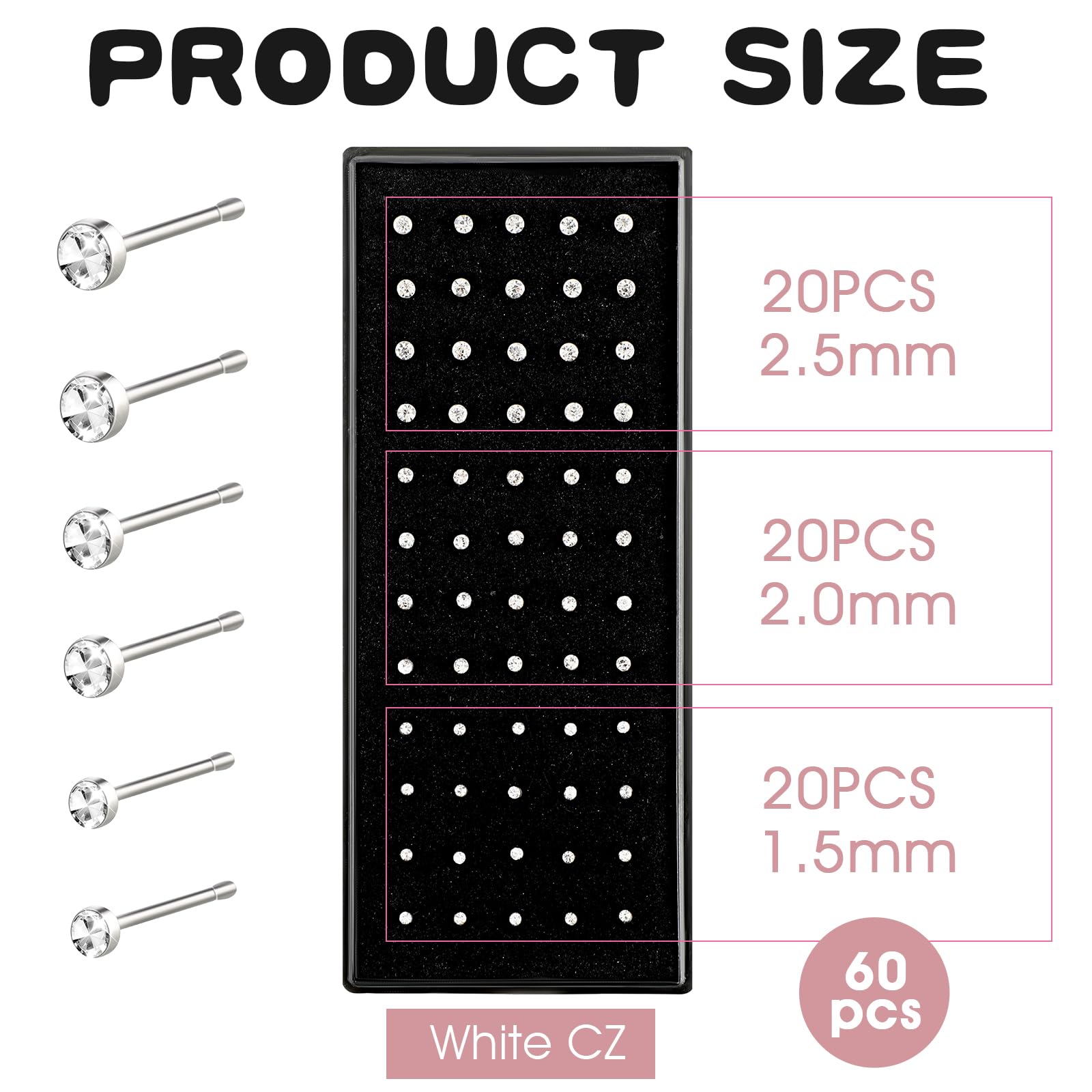 Yolev 60 Stück Nasenstecker Chirurgenstahl Nasenpiercing Stecker Gerader | Silberner Nasenring Ohrstecker Körper Kleiner Piercing Nase Schmuck mit Verpackung 1,5/2/2,5 mm Nostril Piercings Stecker