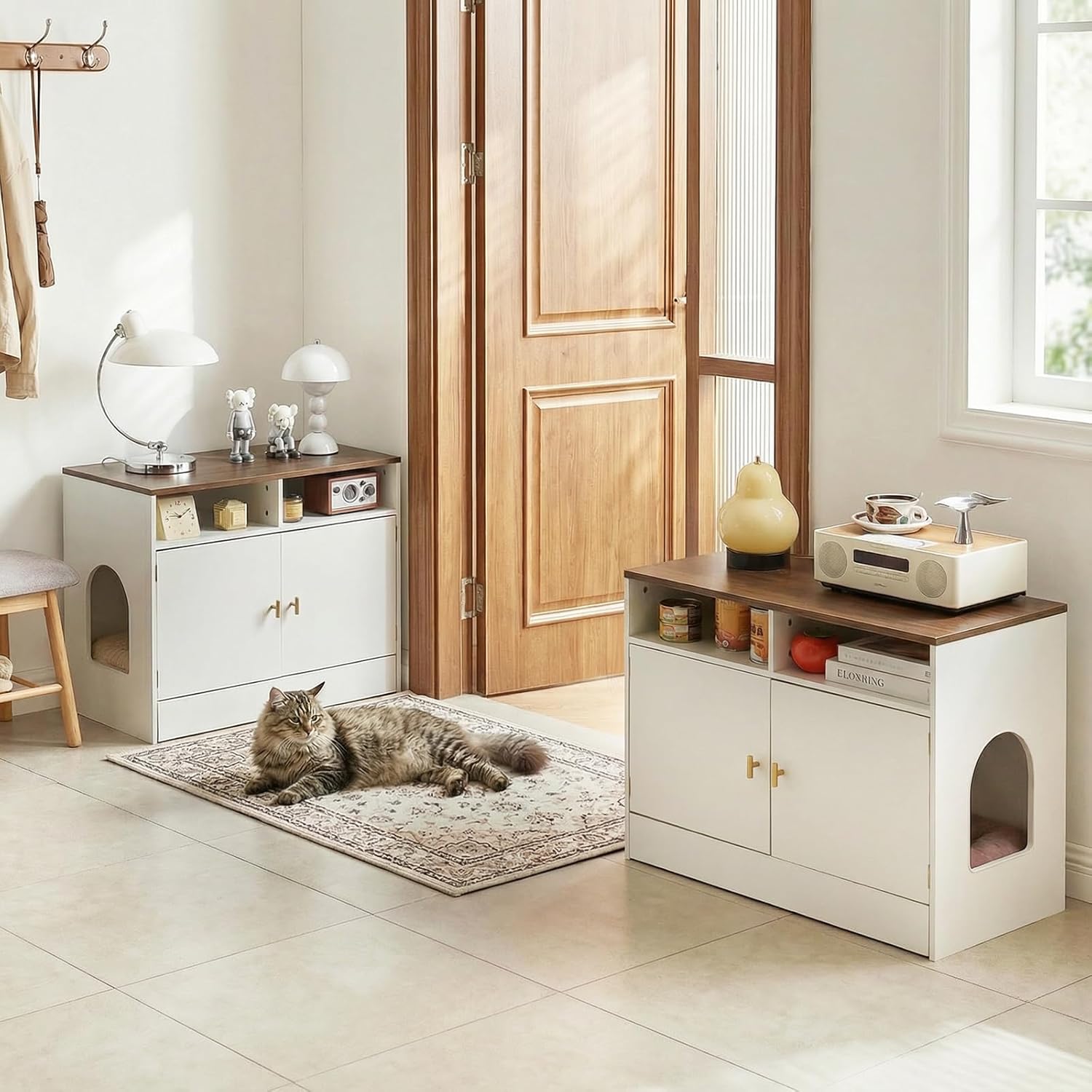 Double Cat Litter Box Enclosure for 2 Cats, 63" Wooden Hidden Cat Litter Box Furniture with Power Outlet, Sliding Bottom Easy Clean, Cat House TV Stand, Walnut