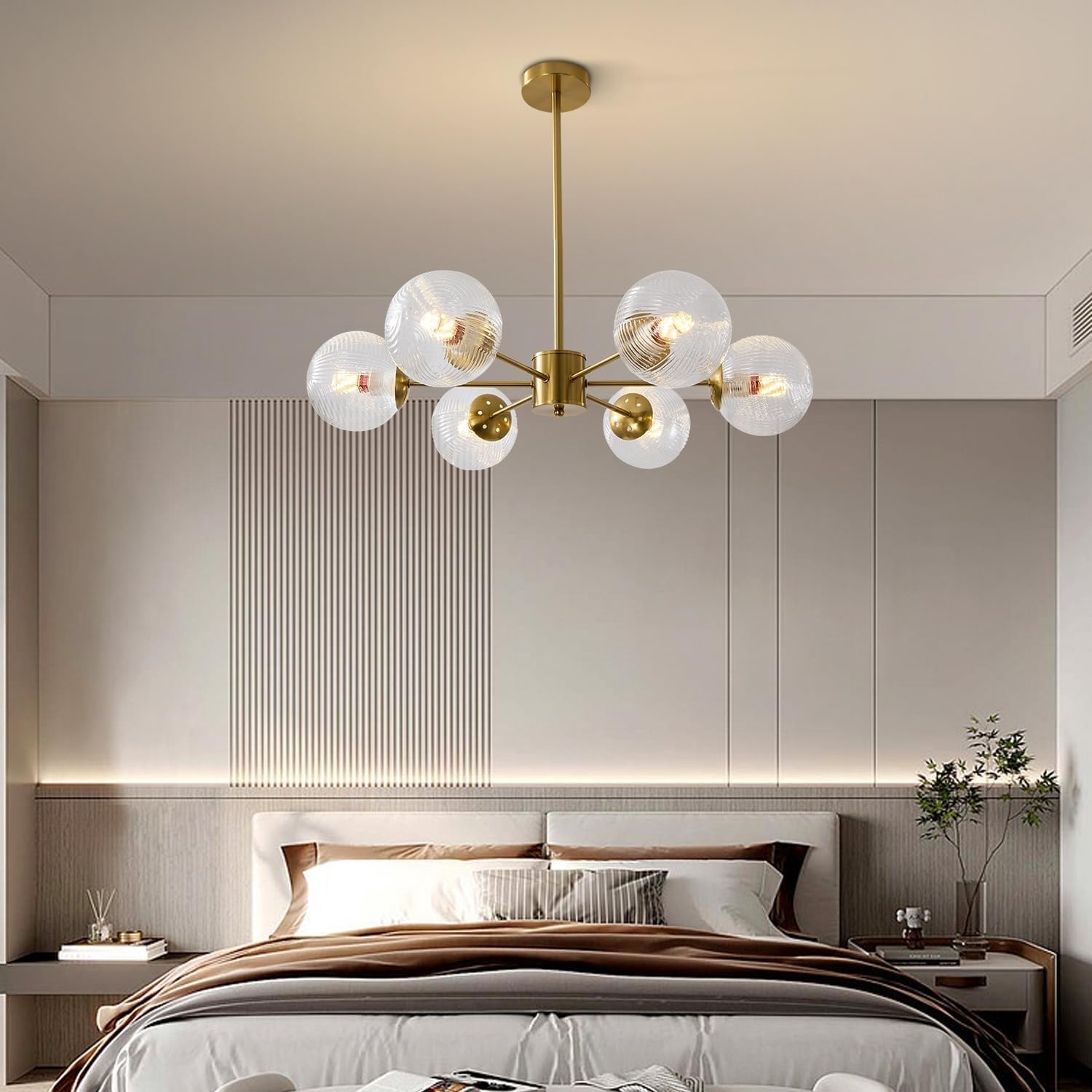 Pendelleuchte Mid-Century Modern 6-flammiger Kronleuchter goldene Sputnik Pendellampe Vintage grüne Deckenleuchte aus gebürstetem Messing Glaskugel Kronleuchter für Schlafzimmer Flur Esszimmer
