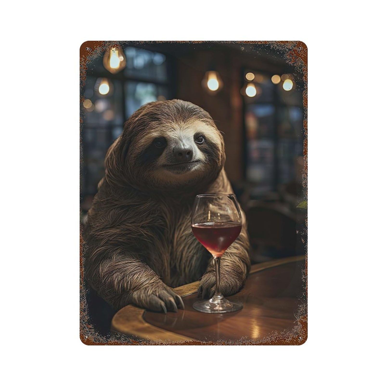 Garage Style Wine Sloth Portrait Decorative Tin Sign 15.7"x11.8", Rustic Home Decor for Bar And Workshop