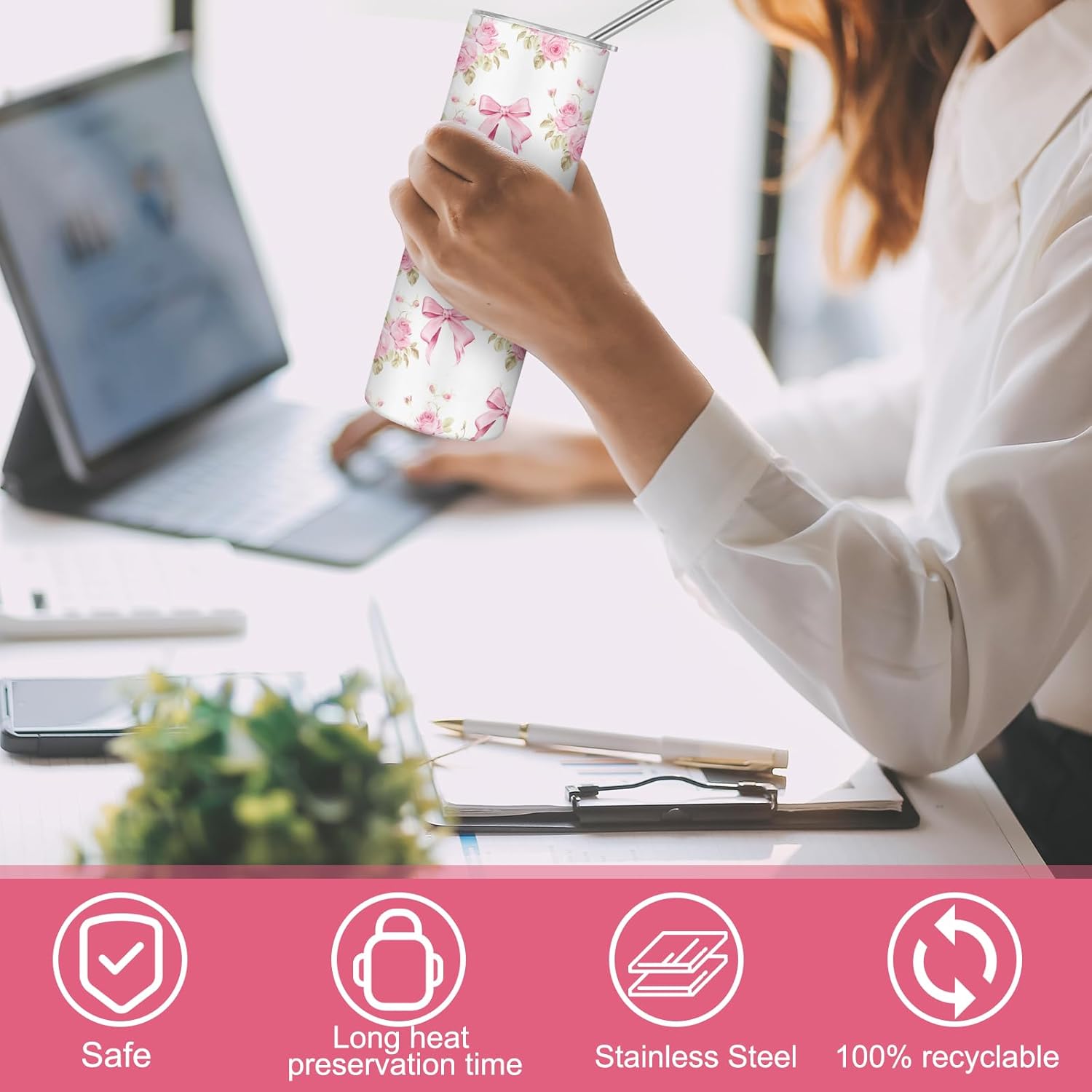 Geiserailie Coquette Pink Bow Tumbler 20oz Vintage Bow Floral Stainless Steel Coffee Cup with Lids and Straws Back to School Gifts Aesthetic Flower Tumbler for Women Friend Birthday Party - Image 6