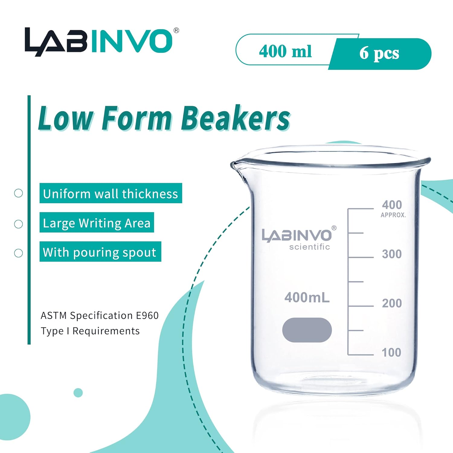 Low Form Graduated Glass Beaker, 6pcs of Vol.400ml, 3.3 Borosilicate Glass Beaker Set,IN-BKL400