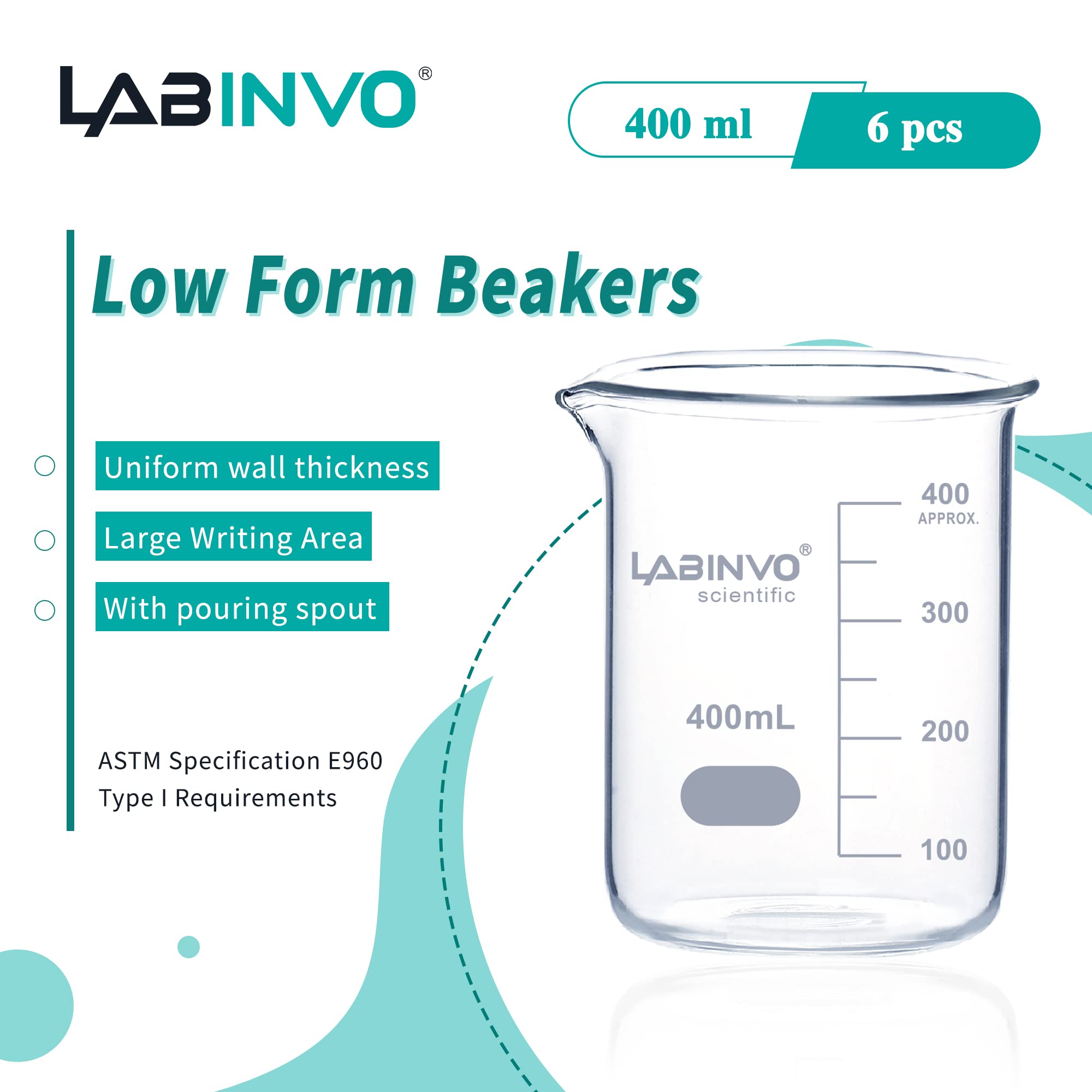 Low Form Graduated Glass Beaker, 6pcs of Vol.400ml, 3.3 Borosilicate Glass Beaker Set,IN-BKL400 — Amazon image 2