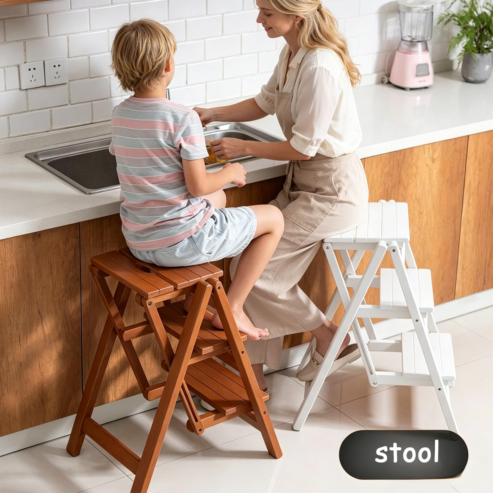 Sgabello Pieghevole con Scaletta a Tre Gradini, Sgabello Multifunzionale in Legno Massello, Scala da Arrampicata Portatile, Adatto per biblioteche, Uffici, Case, All'aperto Black