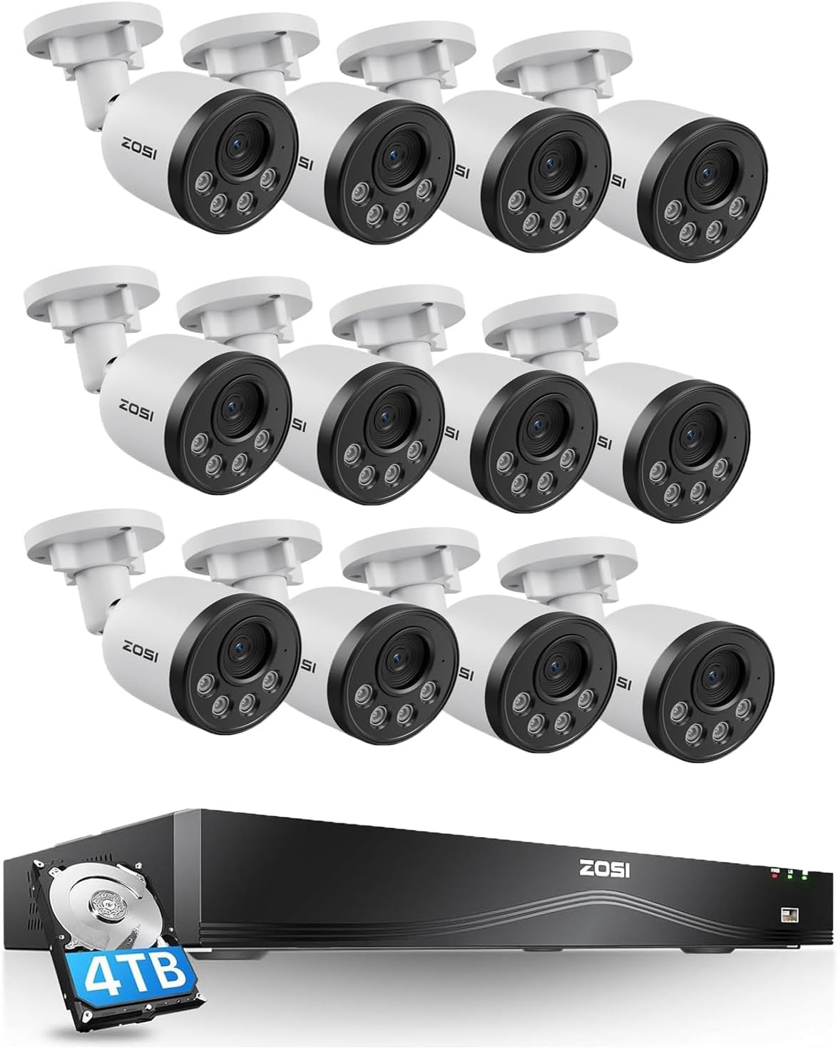 ZOSI 16CH 4K PoE Security Camera System,12pcs 8MP Outdoor Indoor Cameras,Person Vehicle Detection,People Counting,One-Way Audio,100ft Night Vision,16Port 32-Channel NVR with 4TB HDD for 24/7 Recording