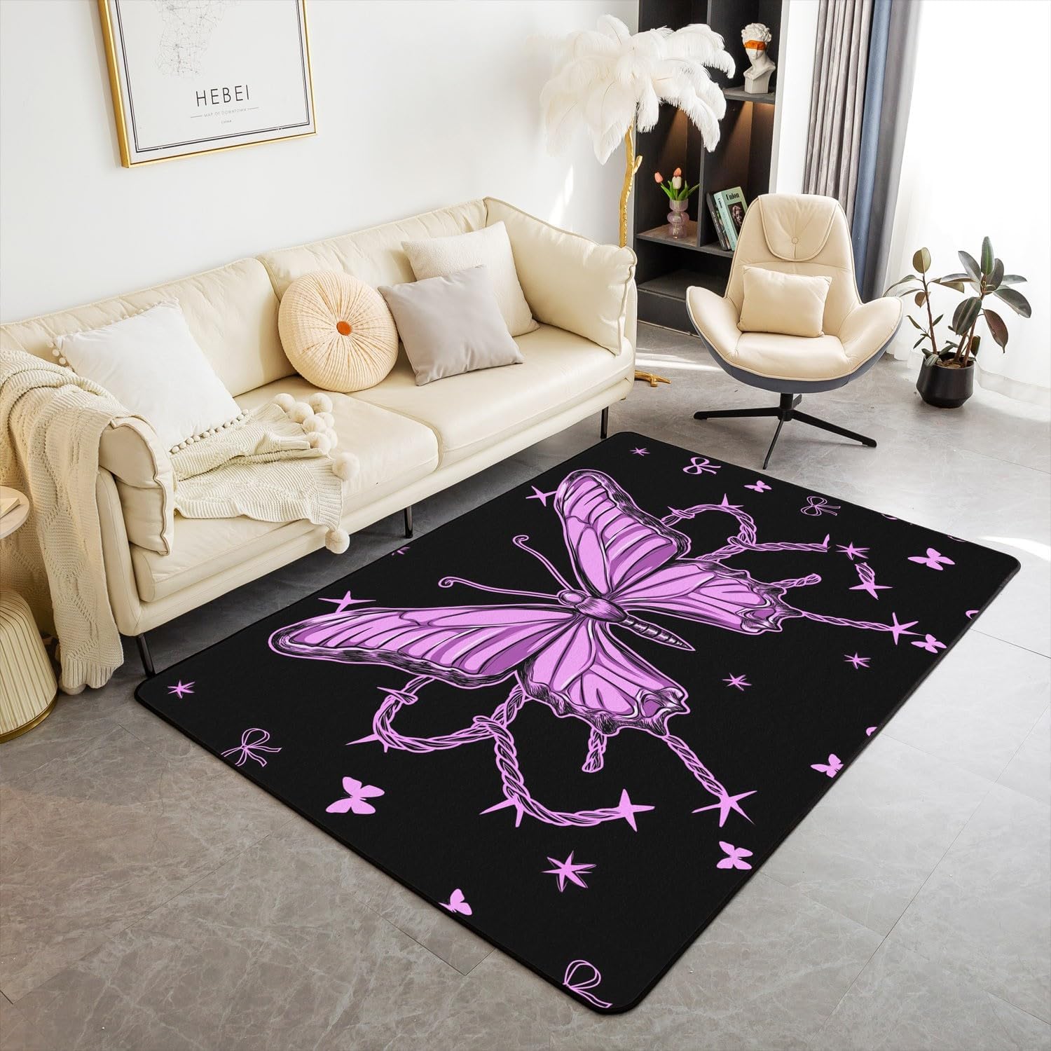 Butterfly Area Rug 3'x5',Abstract Modern Style Decor Non Shedding Rug for Kids Teen Adults,Purple Bowknot Decorative Carpet for Playroom Bedroom Dining Room