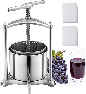 VEVOR Manuelle Beerenpresse 6 L aus Edelstahl (Innenbehälter), Weinpresse und Obstpresse für Äpfel, Weintrauben, Orangen und Gemüse, Apfelpresse mit 2 Filterbeuteln & T-förmigem Griff, Saftpresse