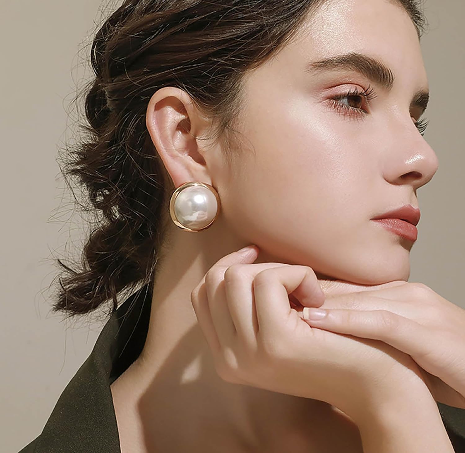 Boho Large Round Pearl Earrings Wedding Pearl Stud Earrings Gold Big Bead Disc Earring Minimalist Half Pearls Bridal Earring Party Prom Jewelry for Women - Image 5