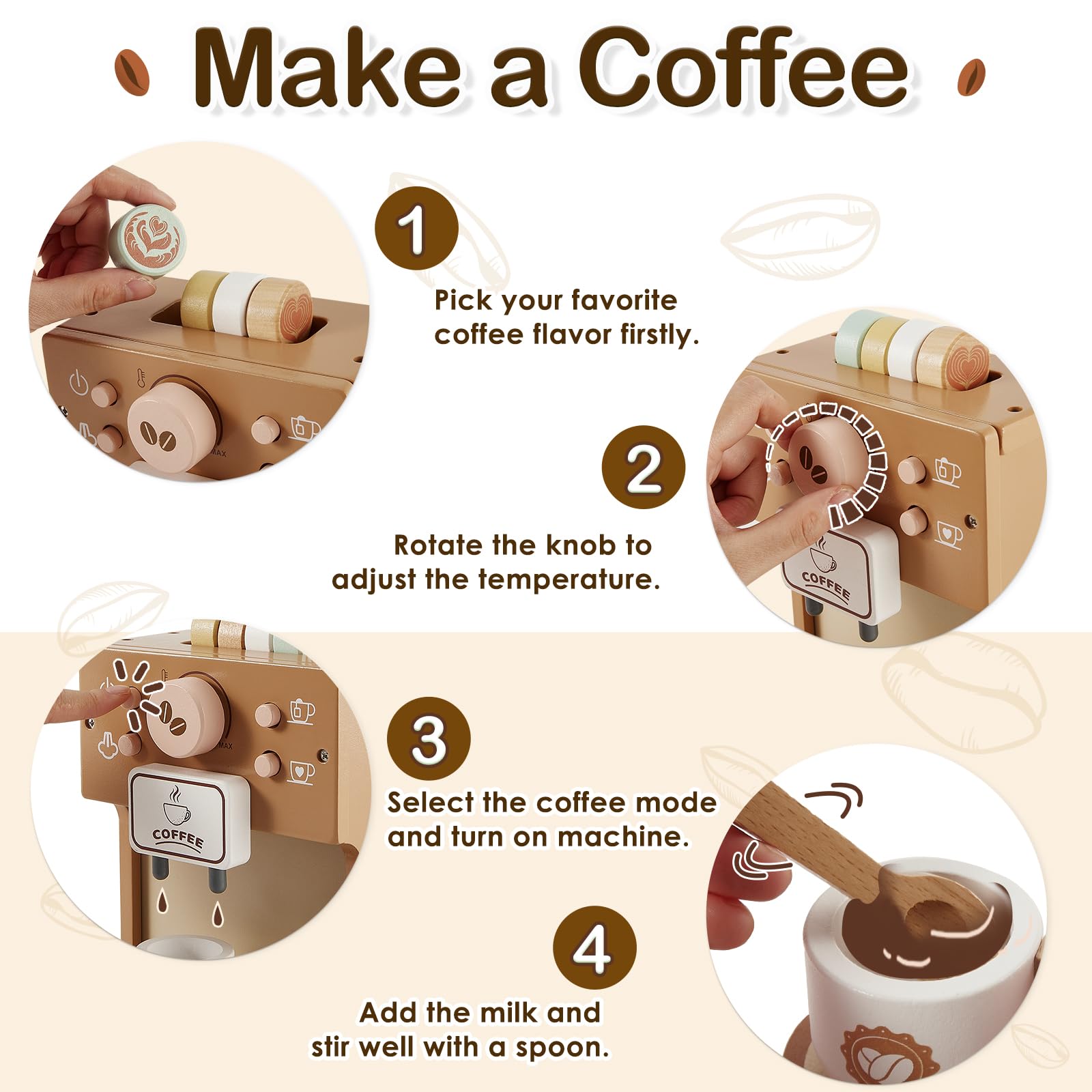 BUYGER Kids Wooden Coffee Maker Toy, Pretend Play Kitchen Accessories Coffee Playset Tea Set Gifts for Ages 3 4 5 Year Old Kids Toddler Boys Girls
