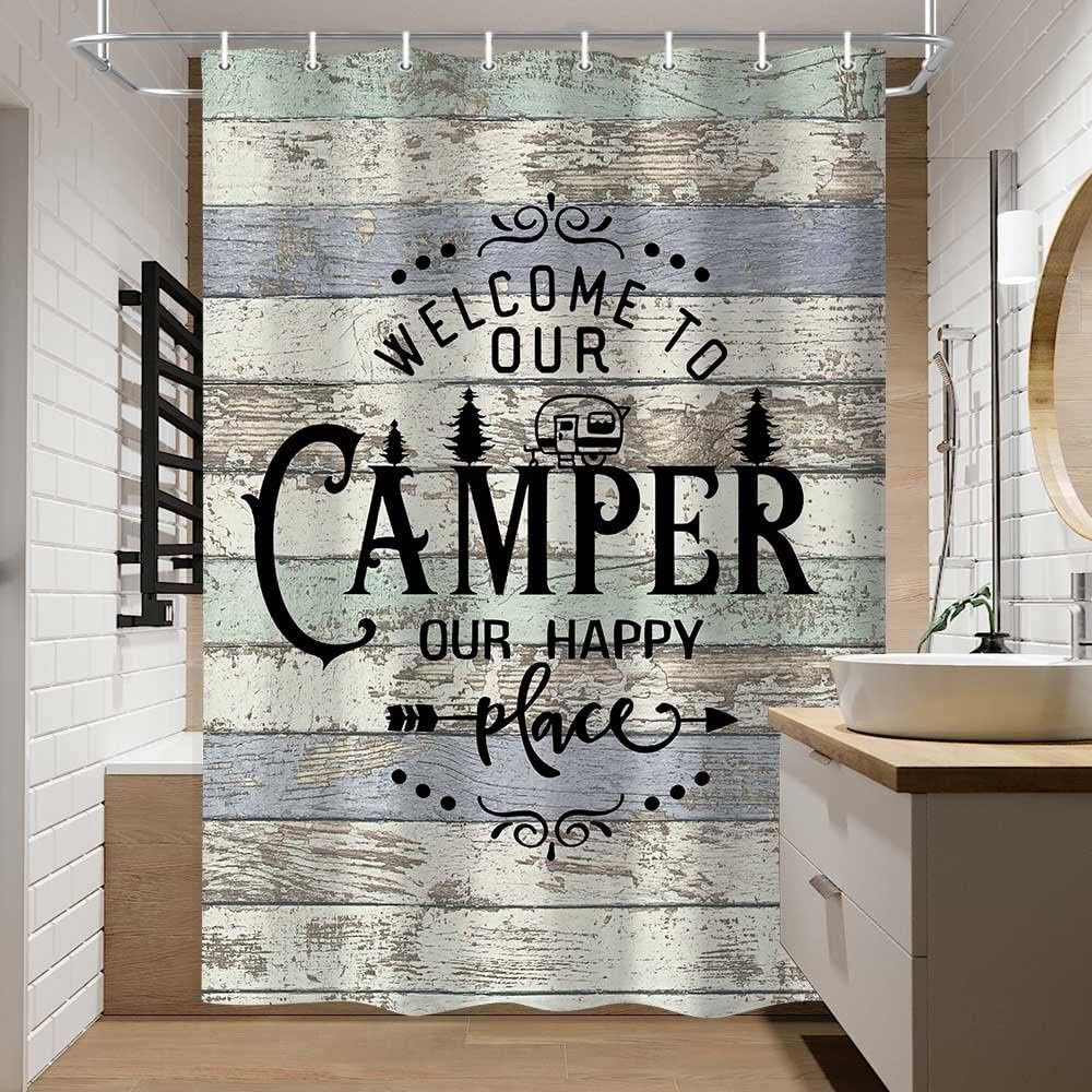 Happy Camper Shower Curtain, Rustic Wood RV Travel Trailer