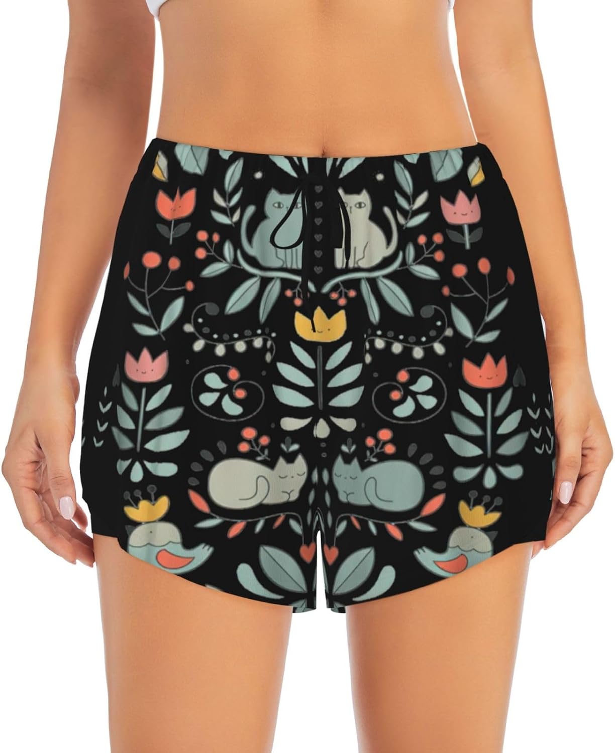 Funny Cats Birds and Flowers Print Womens 2 In1 Running Athletic Workout Yoga Shorts with Pockets Gym Elastic Workout Shorts
