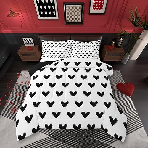Juego de edredón blanco y negro tamaño individual, ropa de cama con bonito patrón de corazón para niños, niñas, adolescentes, regalo del día de San