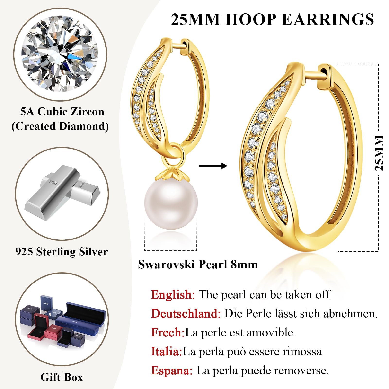 Perlenohrringe 18K Weißgold Plattiert 925 Sterling Silber Creolen mit Weiß Perlen Hypoallergene, Perle 8mm-10mm Edler Schmuck für Damen