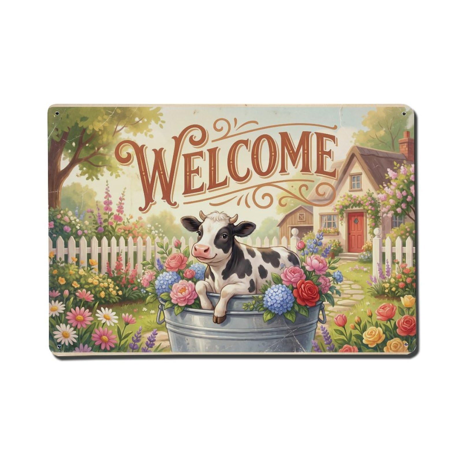 Vintage Welcome Cow Happy Home Metal Tin Sign