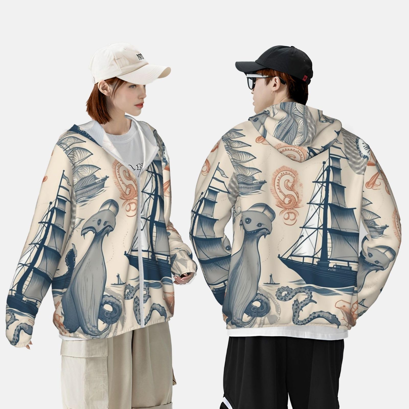 NONHAI Men's Sun Protection Jacket UPF 50+ Full Zipper Long Sleeve UV Hoodie Shirt Lighthouse Sailboat Fish Women's Outdoor Jacket Black