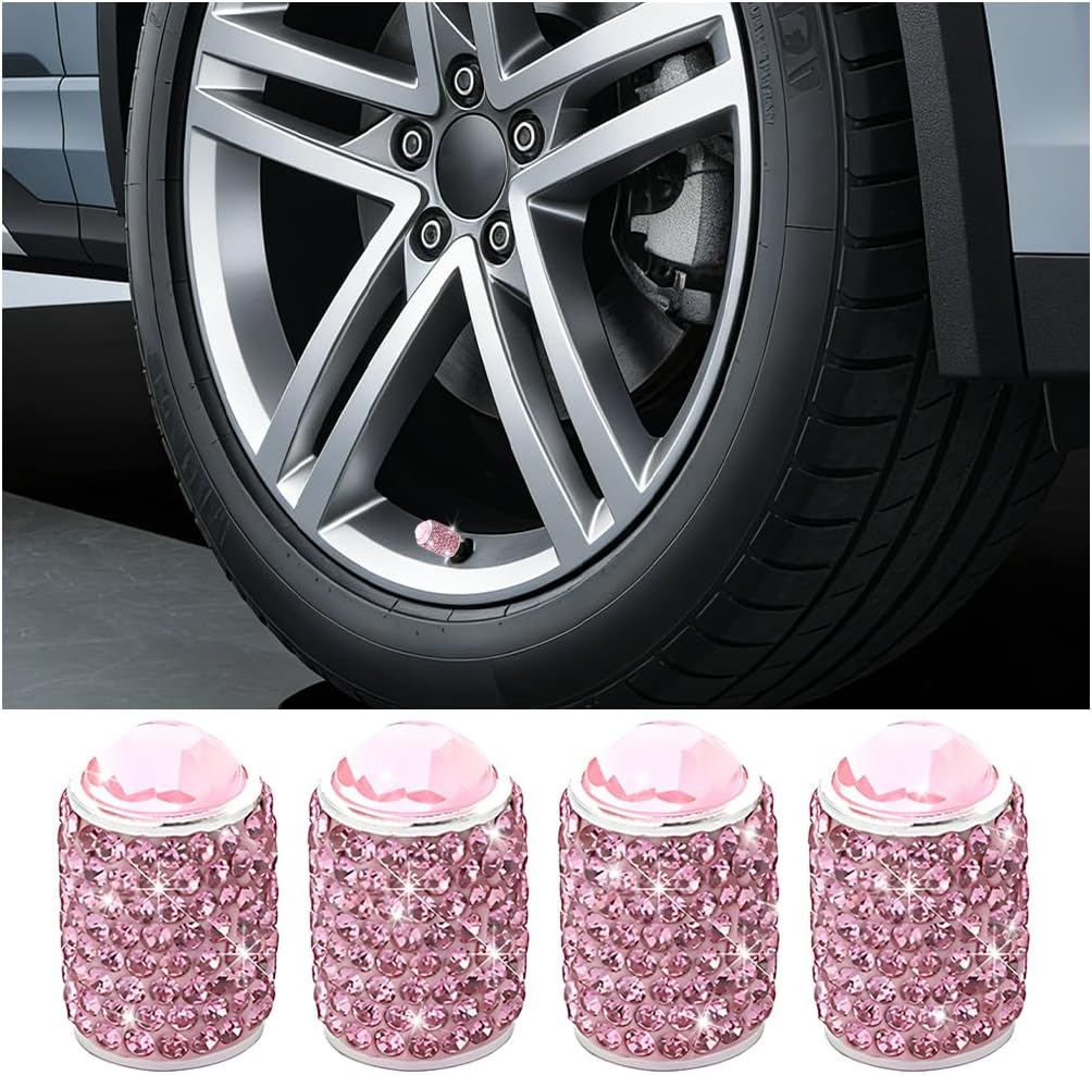 HZEL Bling Car Tire Valve Caps, 4PCS Shinny Rhinestone Attractive Dustproof Vehicle Wheel Valve Stem Covers with O Ring, Crystal Diamond Auto Tire Air Decoration, Universal for Lorry SUV RV (Pink)