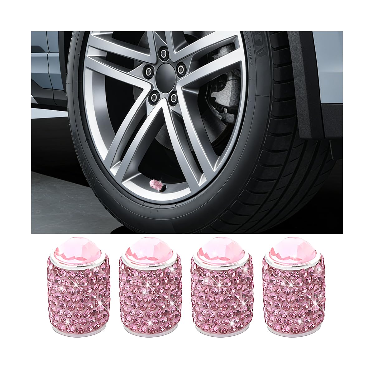 HZEL Bling Car Tire Valve Caps, 4PCS Shinny Rhinestone Attractive Dustproof Vehicle Wheel Valve Stem Covers with O Ring, Crystal Diamond Auto Tire Air Decoration, Universal for Lorry SUV RV (Pink)