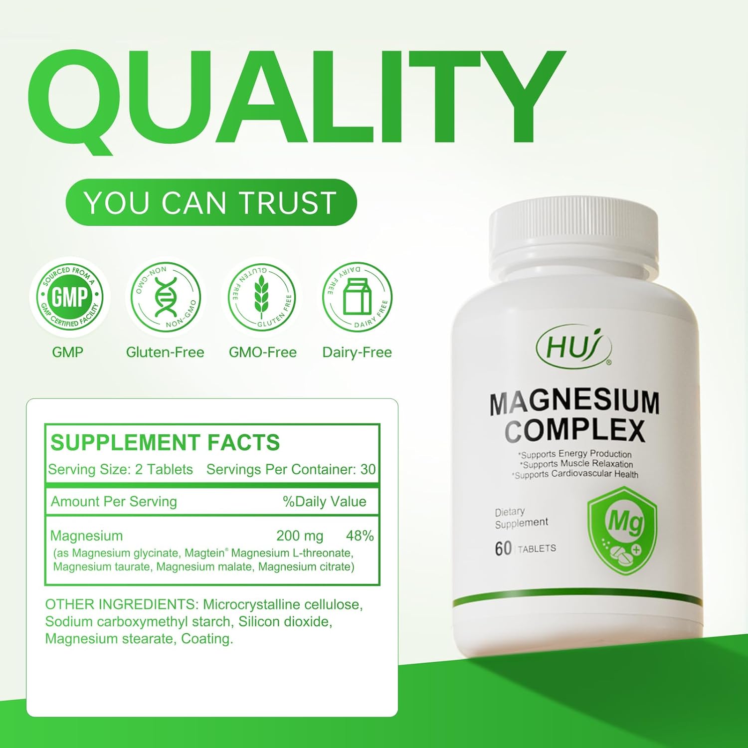 HUJ Magnesium Complex Supplement - Five Types of Magnesium - Supports Energy Production, Muscle Relaxation & Cardiovascular Health* - 60 Tablets.
