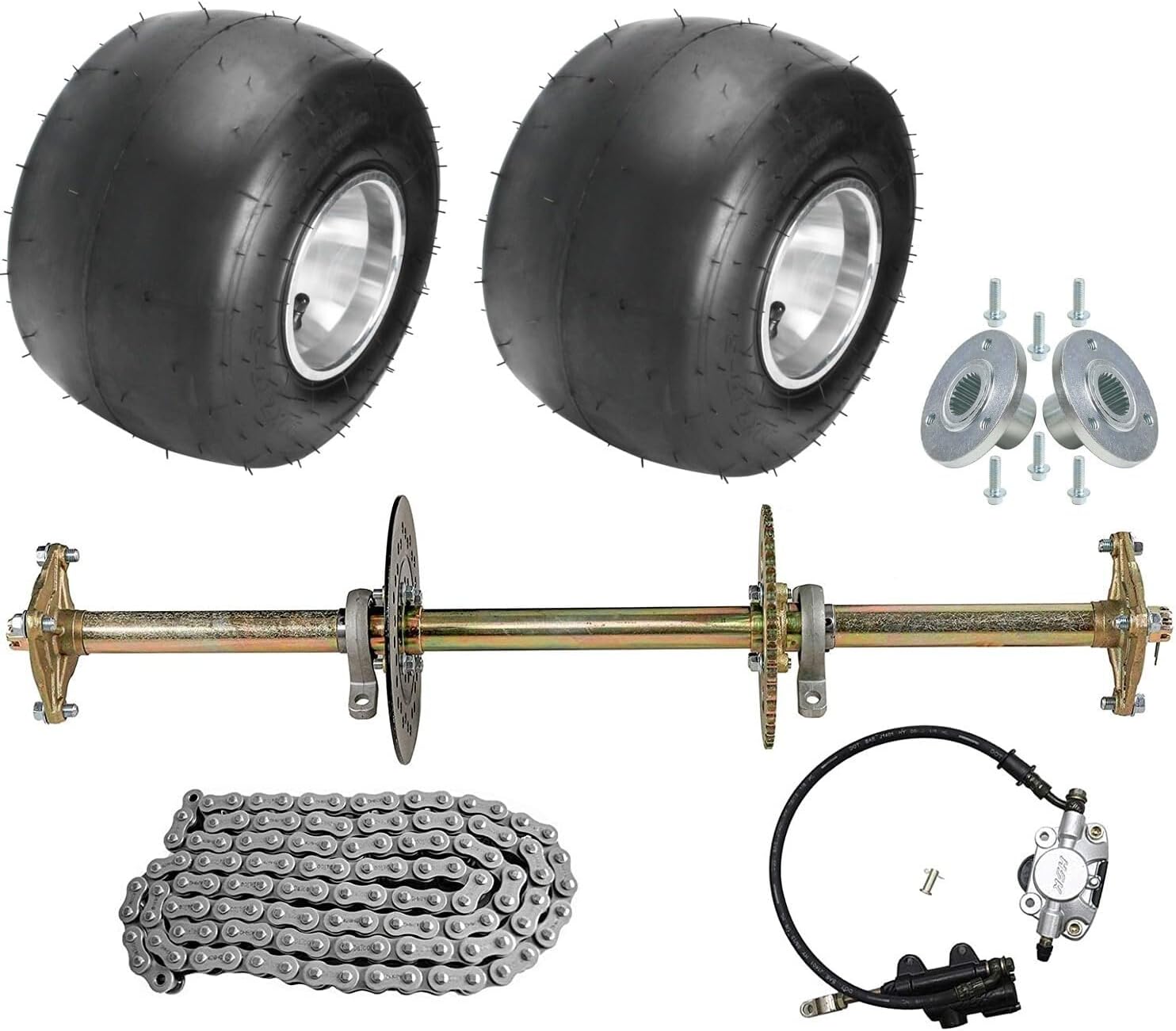 32" Go Kart Rear Axle Kit with 11x7.10-5 Slick Tires & Wheels, Heavy Duty Chrome Axle, 420 Chain Sprocket, Brake Caliper, Wheel Hubs, Complete GoKart Rear Axle Assembly Kit