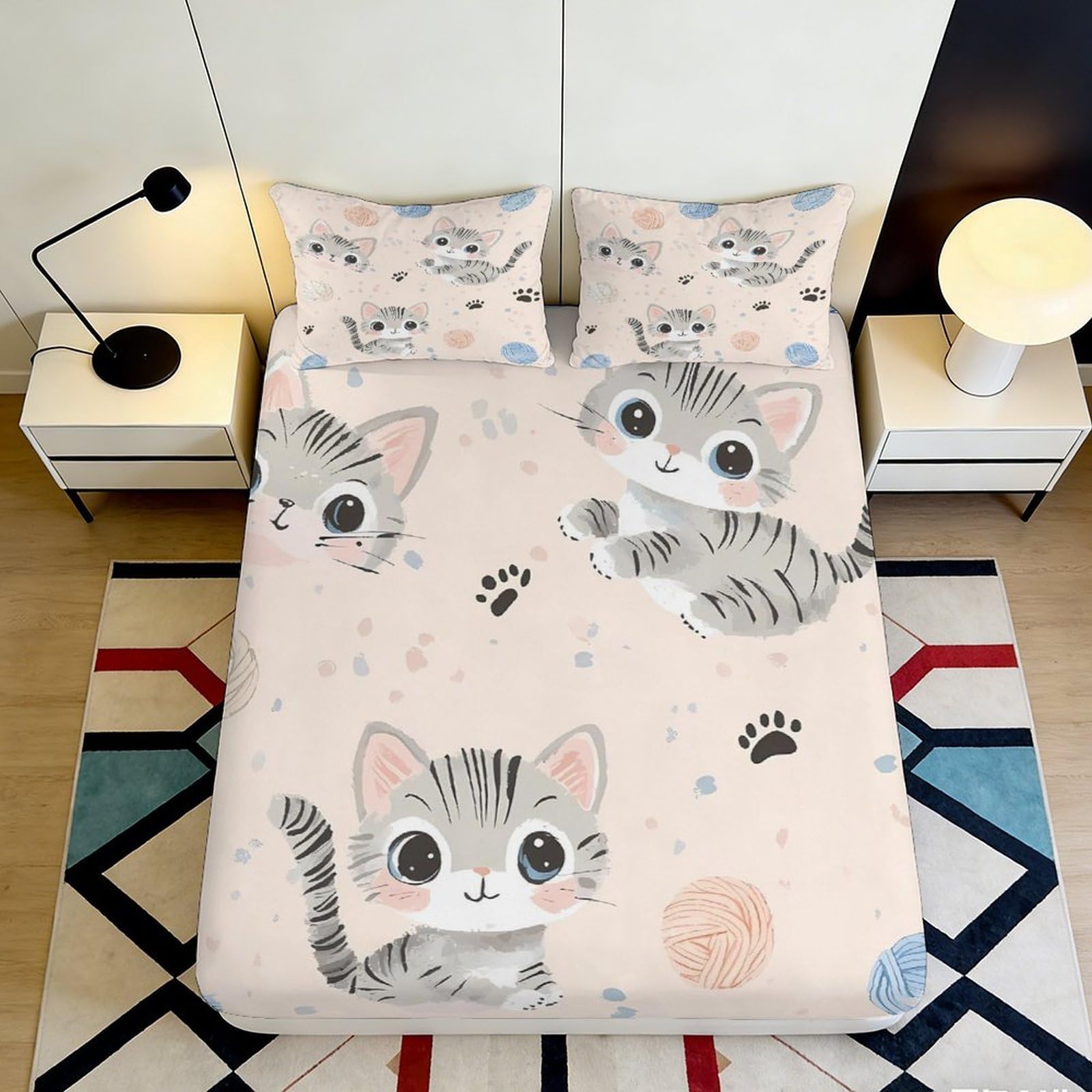 3D Printed Cute Cat Fitted Sheet Microfiber Soft Pink Cartoon Paw Mattress Cover Bedroom Dorm Decoration Easy Care 90x200x25cm