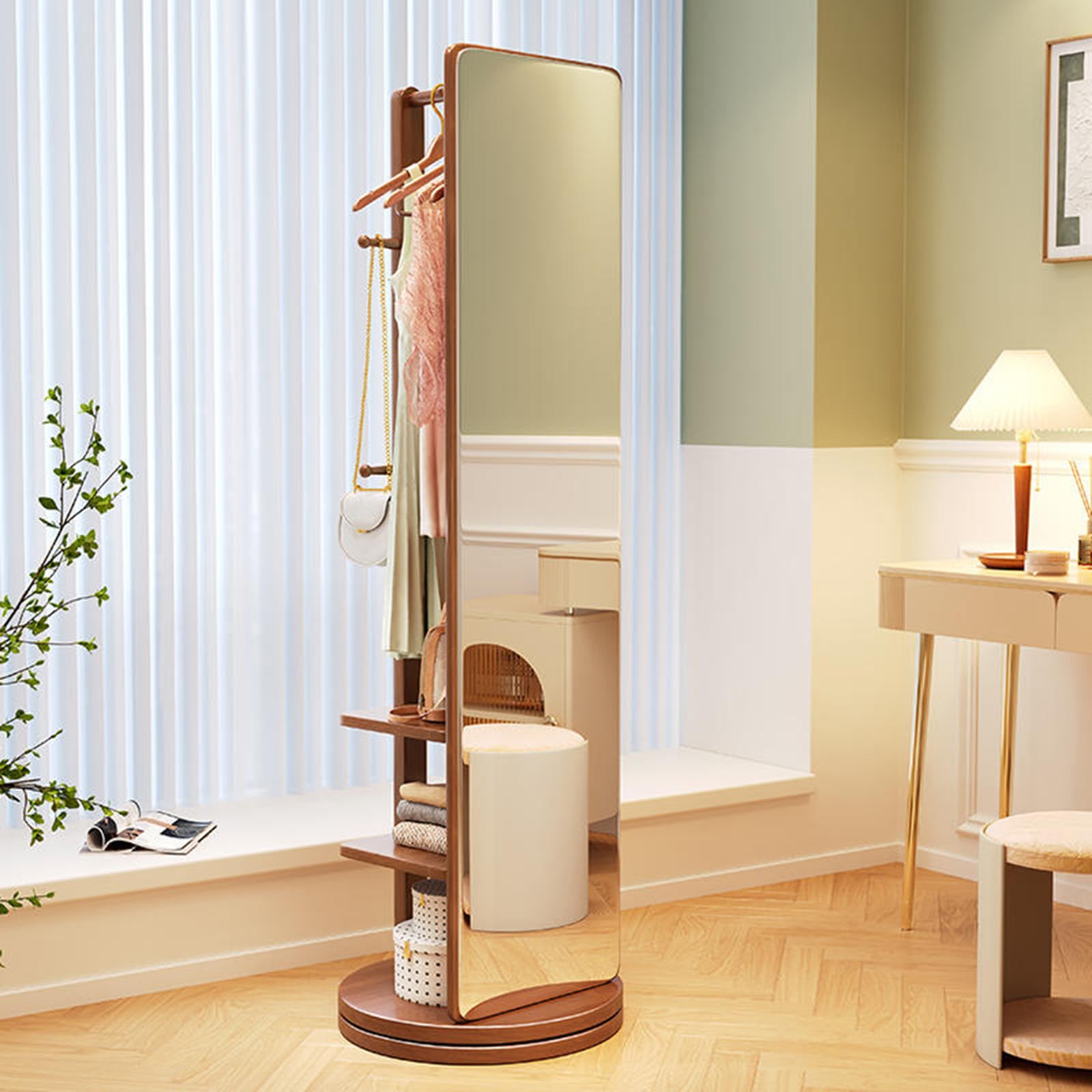 Specchio girevole a 360° a figura intera, in legno massello, con ganci appendiabiti e ripiani, per soggiorno, camera da letto e guardaroba, finitura noce
