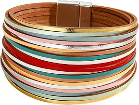 KunBead Colorful Sparkly Leather Wrap Bracelets for Women Handmade Braided Multilayer Magnetic Buckle Bracelet Wristband Cuff Bangle Boho Bohemian