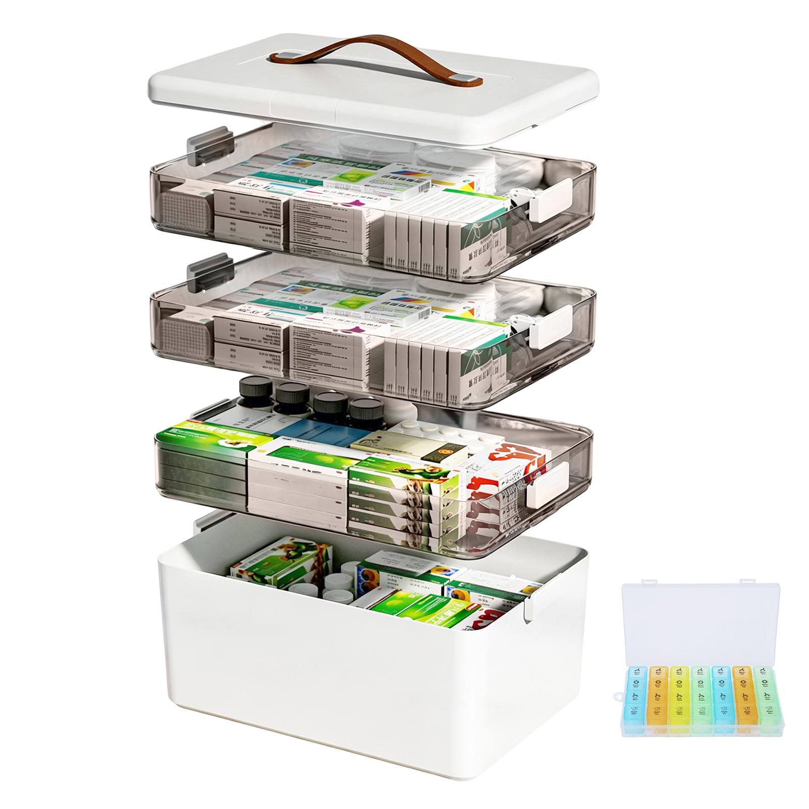 Contenitore per medicinali a 4 piani, grande, 34 x 31 x 22 cm, con maniglia per il trasporto, organizer per medicinali con vassoio rimovibile, scatola vuota in plastica di primo soccorso per casa