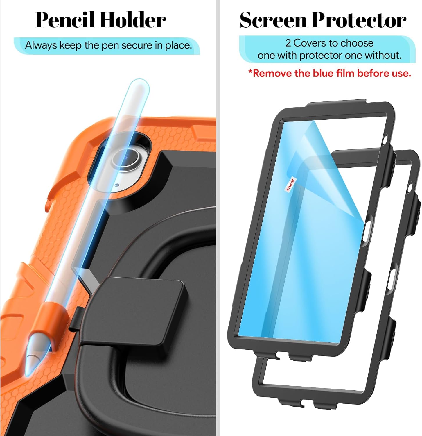 HXCASEAC Case for iPad A16 11th/10th Generation, Full Body Protective with 360 Degree Rotating Handle Stand, Screen Protector, Pencil Holder, Shoulder Strap (A2969/A2757/A3354/A3355/3356) - Orange