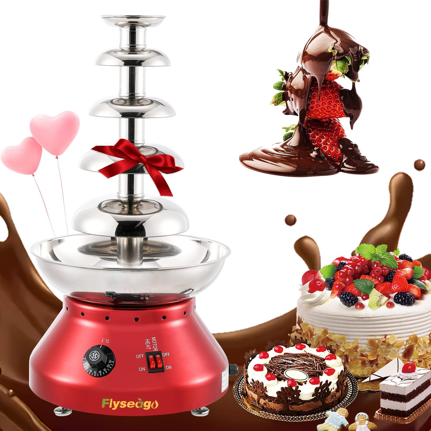 Flyseago Chocolate Fountain Commercial Hot Chocolate Fondue Tower 5 Tier 7-Pound Large Capacity Stainless Steel Chocolate Melting Heating Machine for Nacho Cheese Liqueurs Party Wedding (Vintage Red)