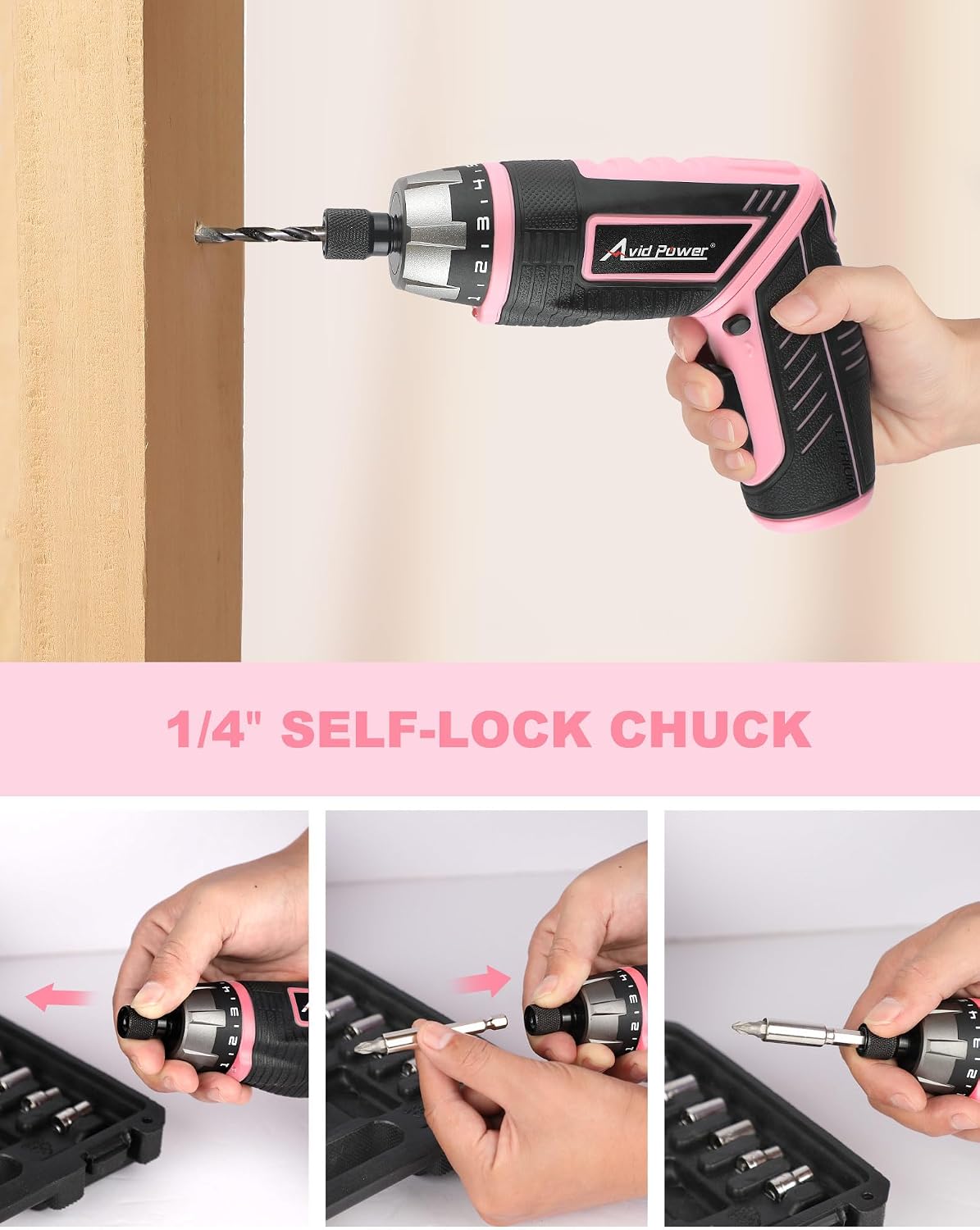 AVID POWER Electric Cordless Screwdriver Set Rechargeable 4V Power Screwdriver Kit with 44pcs Accessories, 5.65Nm Screw Gun, 5+1 Torque Setting, 2 Position Handle with LED Light - Pink Tools for Women