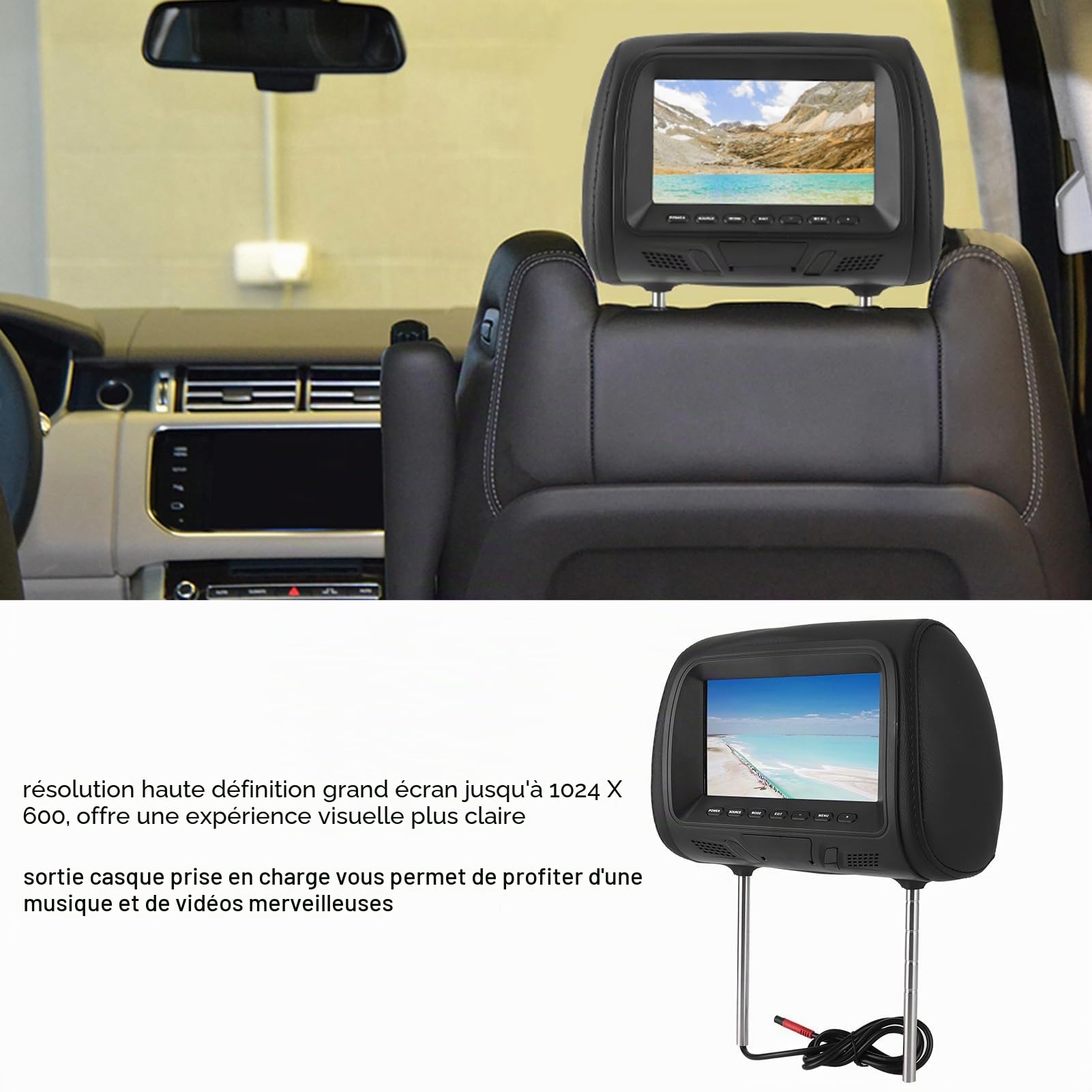 Yctze 7in 1024 x 600 lecteur DVD d'appui-tête de voiture, dossier de siège lecteur multimédia MP5 moniteur d'appui-tête écran LCD RVB prise en charge amplificateur USB Bluetooth