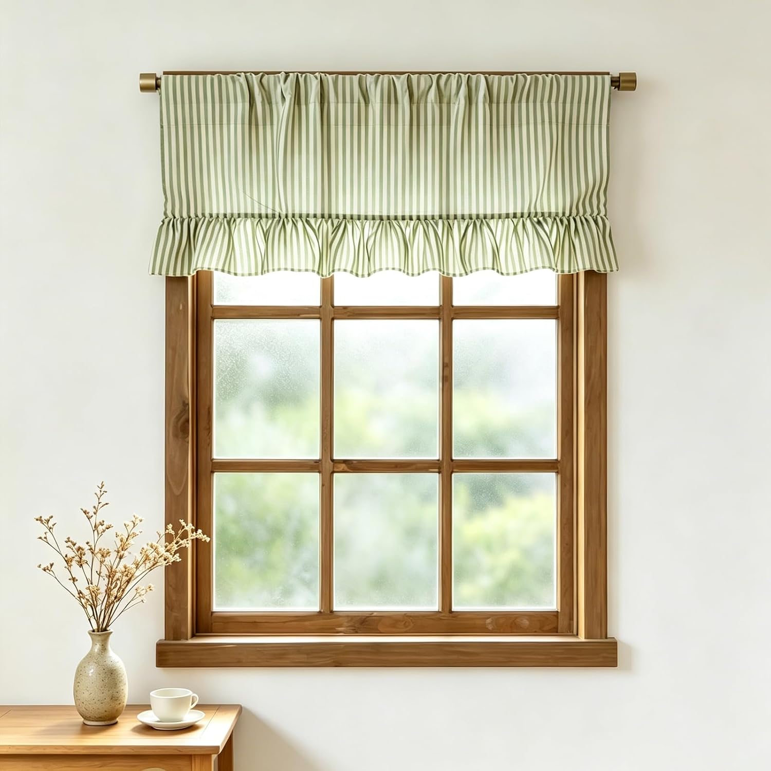 JarThenaAMCS Striped Curtain Valence with Ruffle, Sage Green, 54 x 18 Inch