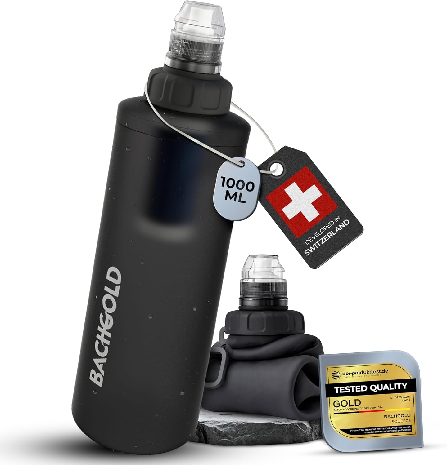 Water Filter Camping – Bachgold Squeeze Foldable Squeeze Bottle | Ultralight Backpacking Filtration for Hiking, Survival & Emergency | Dual-Stage Filtration, Swiss Design