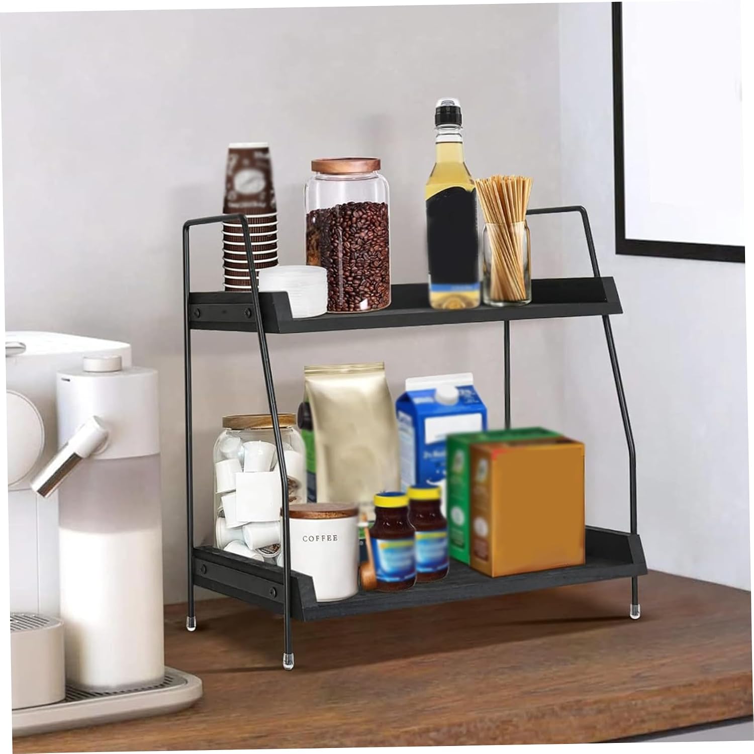 Tea and Coffee Station, 2 Tier Multipurpose Wood Iron Coffee Station Organizer Kitchen Counter Shelf for Home Bar Black