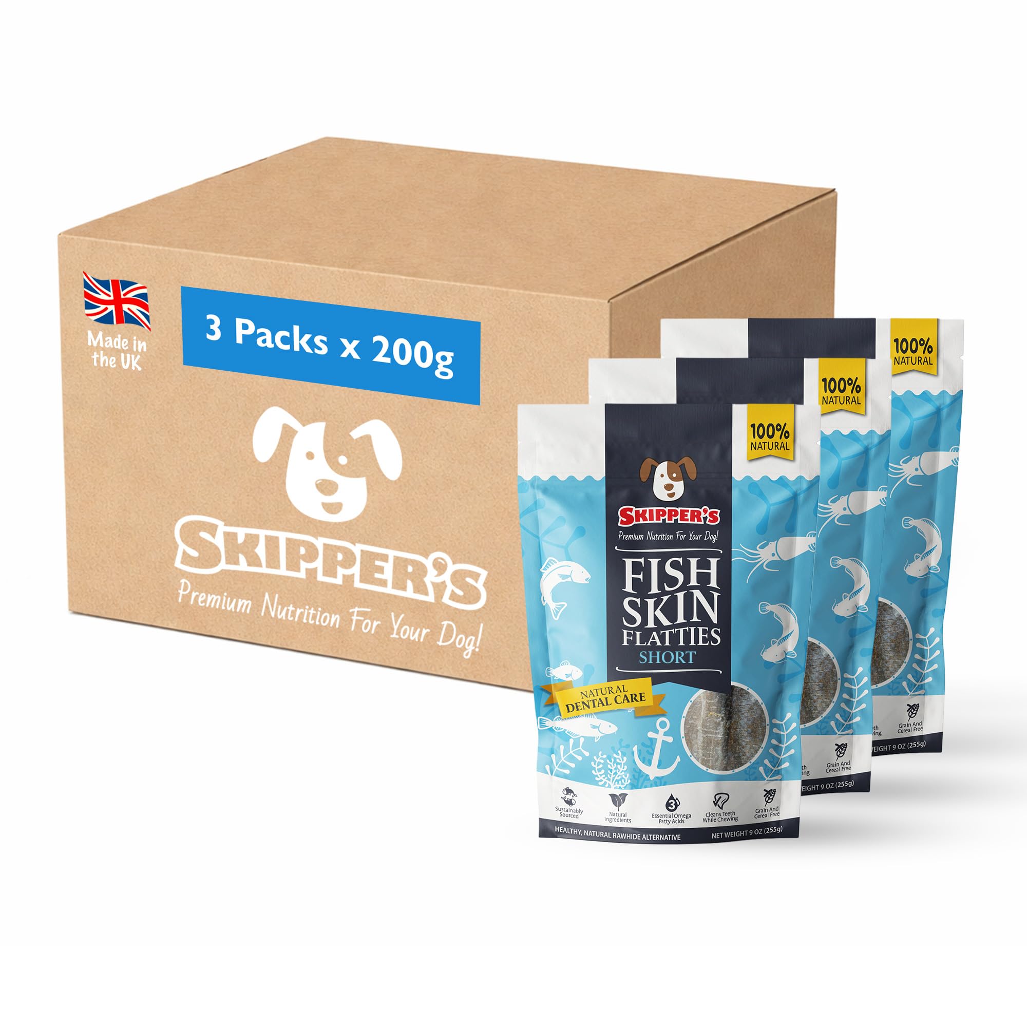 SKIPPER'S Fish Skin Flatties Sticks - Handmade and Air-Dried - 100% Dog Chews Long Lasting Natural Dog Treats - Skin Care - High Protein Low Fat Dog treats - Short, 200g x 3Pack โ image 1
