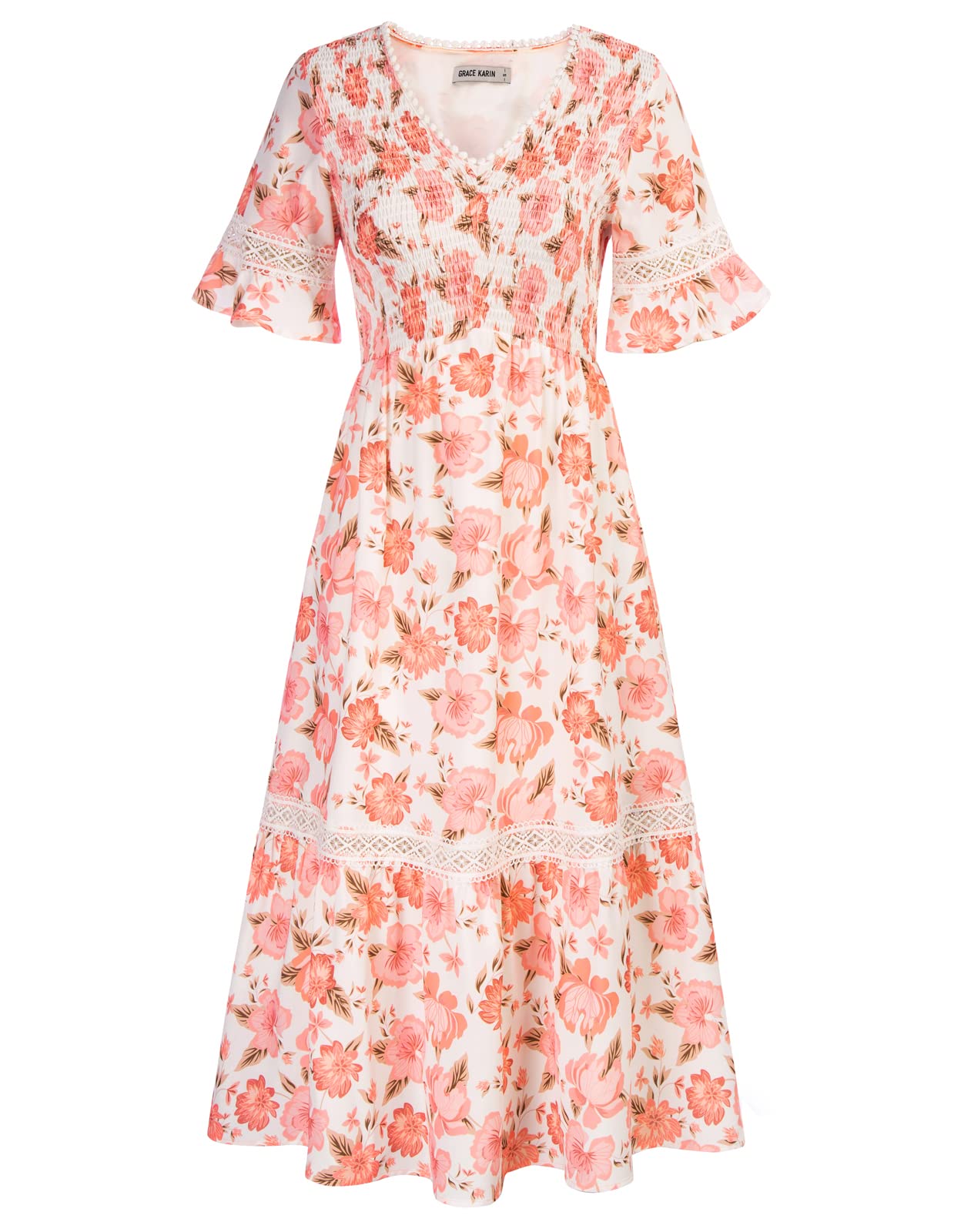 GRACE KARINWomen Flared A Line Puff Short Sleeve V Neck Midi Casual Lace Dress