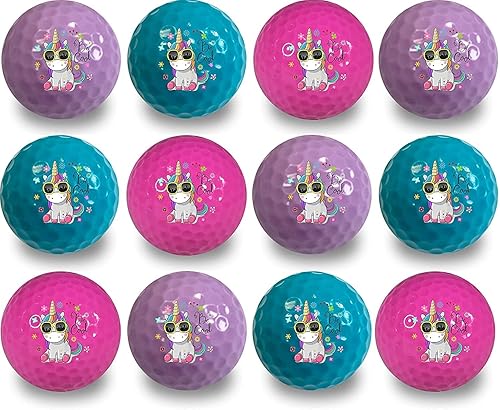 GBM Be Cool - Pelotas de golf de unicornio, paquete de 12 unidades, multicolor con diseños de unicornio Be Cool para entusiastas del golf