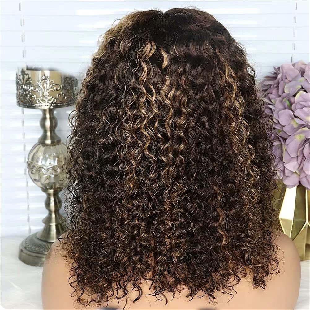 200% Density Short Curly #4/27 Highlight Human Hair Wigs Pre Plucked Brown To Bonde Piano Ombre Color 13X6 Lace Front Wigs Human Hair For Woman Brazilian Hair 10Inch