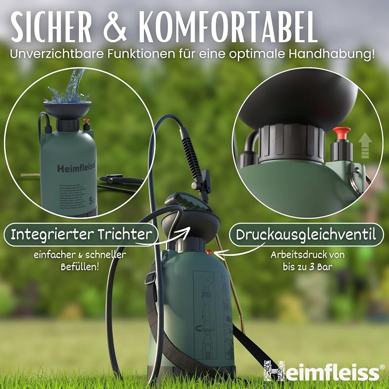 Heimfleiss 5 Literes Nyomáspermetező - Kerti és Autómosó Permetezőpalack, Állítható Vállpánttal, 3 Bar Nyomással, Sárgaréz Szórófejjel, Növé