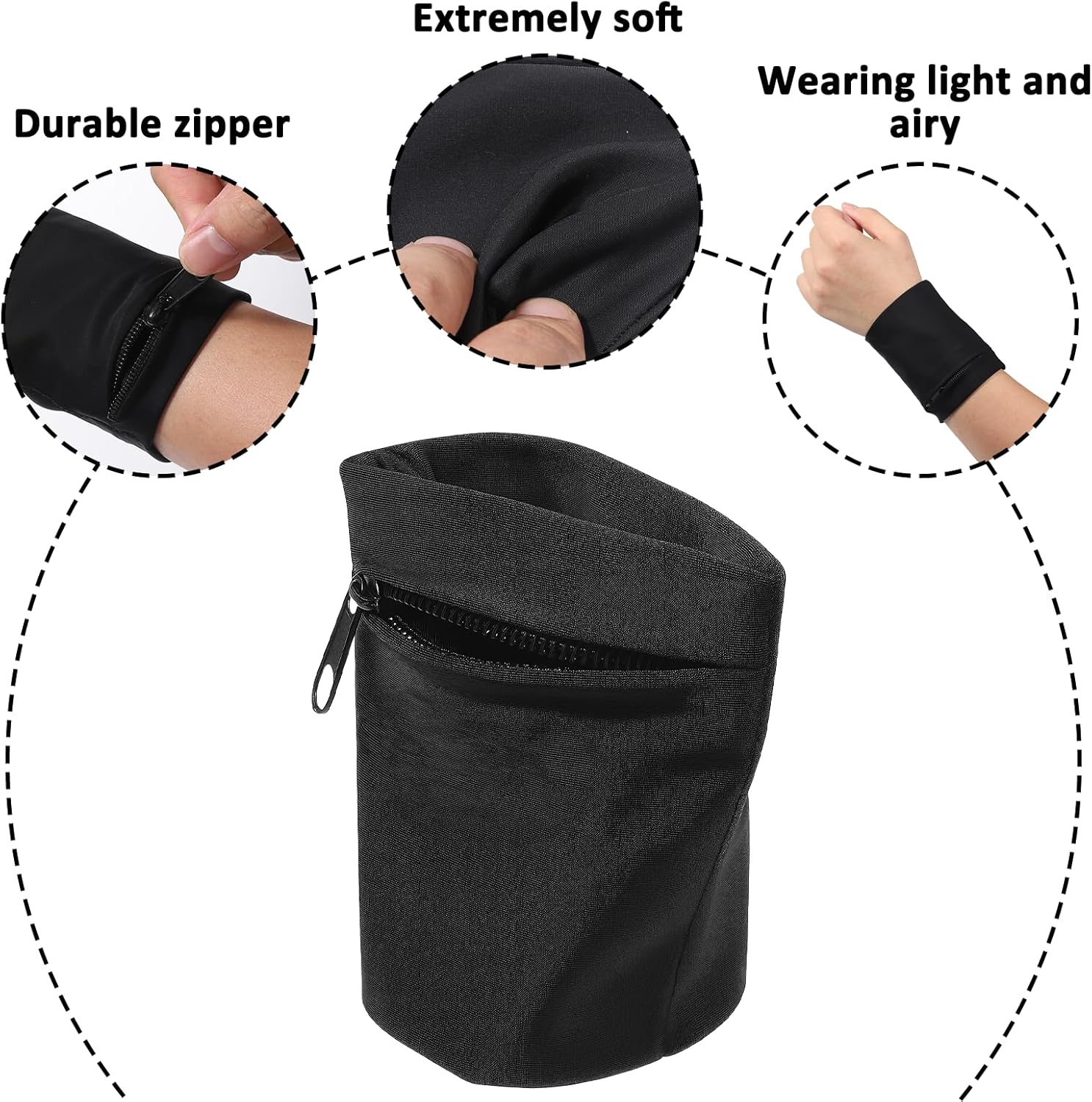 2 Pcs Wrist Wallets for Women Wristband with Zipper Key Card Storage Bags for Women Men Running Sports Jogging Hiking Basketball Tennis (Black) - Image 3