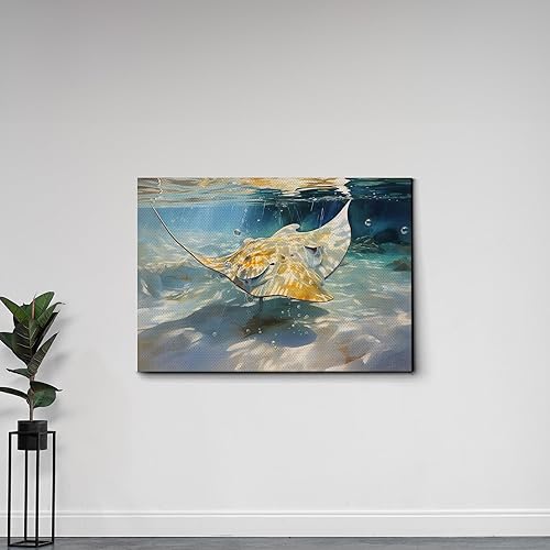 Miniatura 4 de Nautical Print on Canvas for Wall Decor, Ocean Fish Manta Ray Canvas Wall Art, Beach Print for Wall Hang, Turquoise Coastal Pictures Wall Decor,