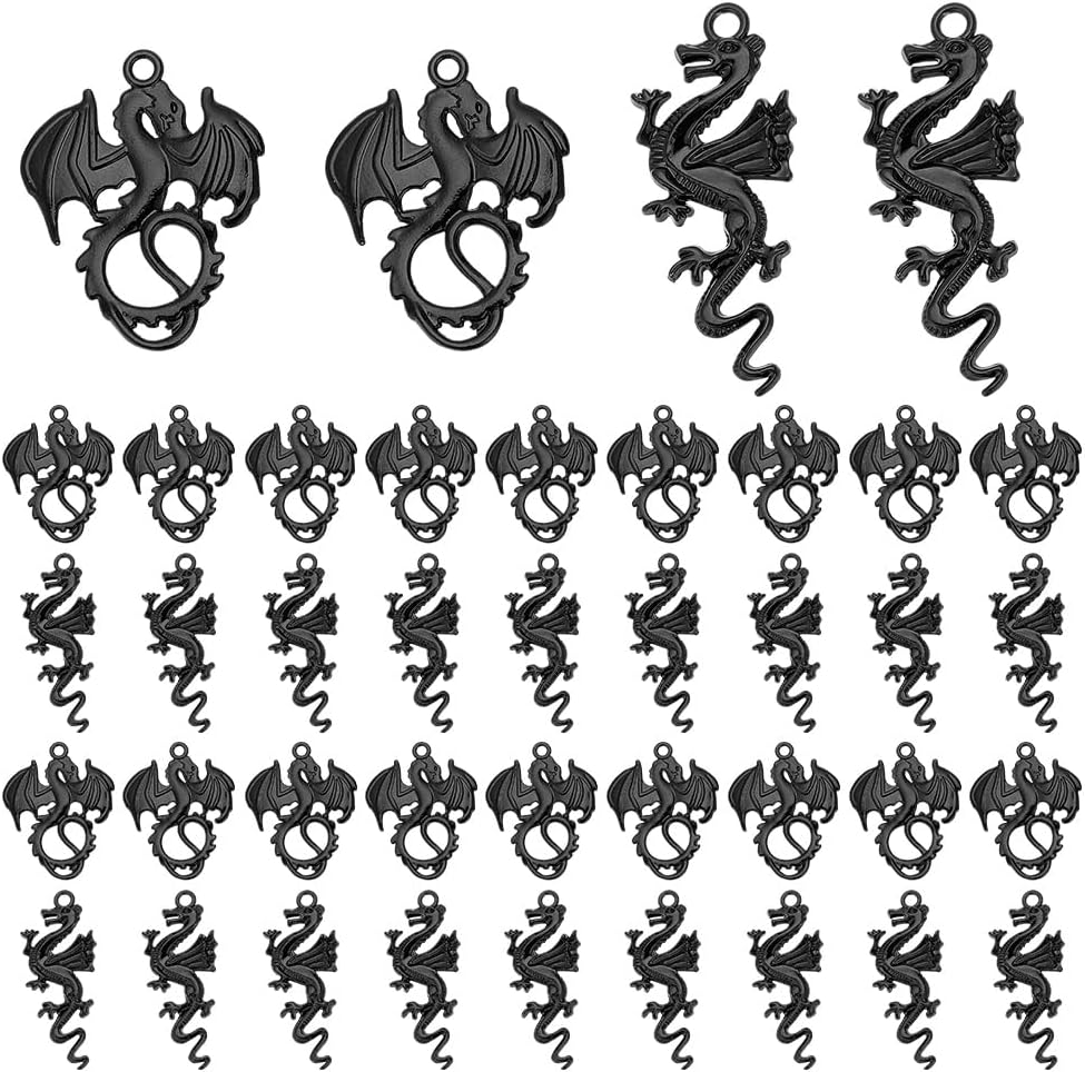 PH PandaHall 40pcs Flying Dragon Charms Chinese Zodiac Year Dragon Ornament Electrophoresis Black Dragon Totem Charms Alloy Lucky Pendants for Christmas New Year Necklace Bracelet Earrings Jewelry Making