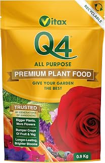 Vitax Q4 All Purpose Plant Food, Fertiliser Enriched With Organic Nutrients, More Flowers, Bigger Yields, Slow Release - 0.9Kg Pouch