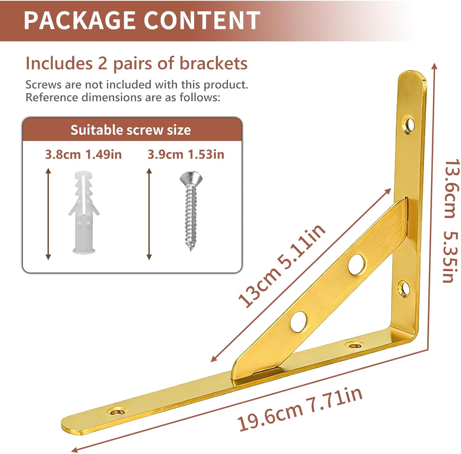 Smilecat Gold Heavy Duty Shelf Brackets, 8*5.5 Inch L Brackets for 8-10 Inch Wall Mount Shelves, Floating Shelf, 110 lb Max Load, 2 Pairs