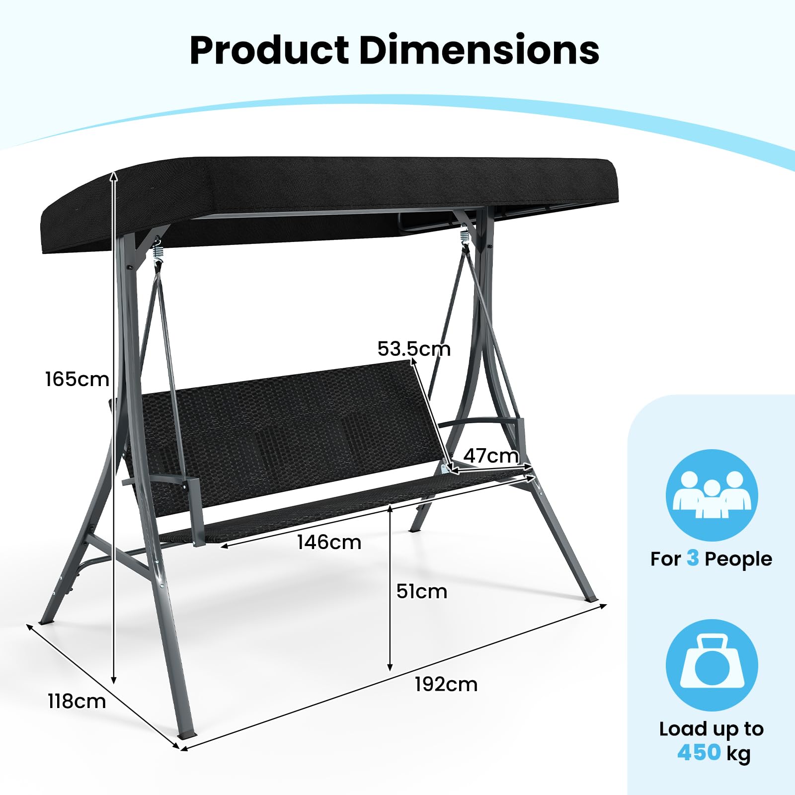 RELAX4LIFE Dondolo da Giardino a 3 Posti con Tettuccio Parasole Regolabile e Seduta in Rattan Traspirante, Portata fino a 450 kg, Arredo per Esterno, 190,5 x 114,5 x 166 cm, Nero