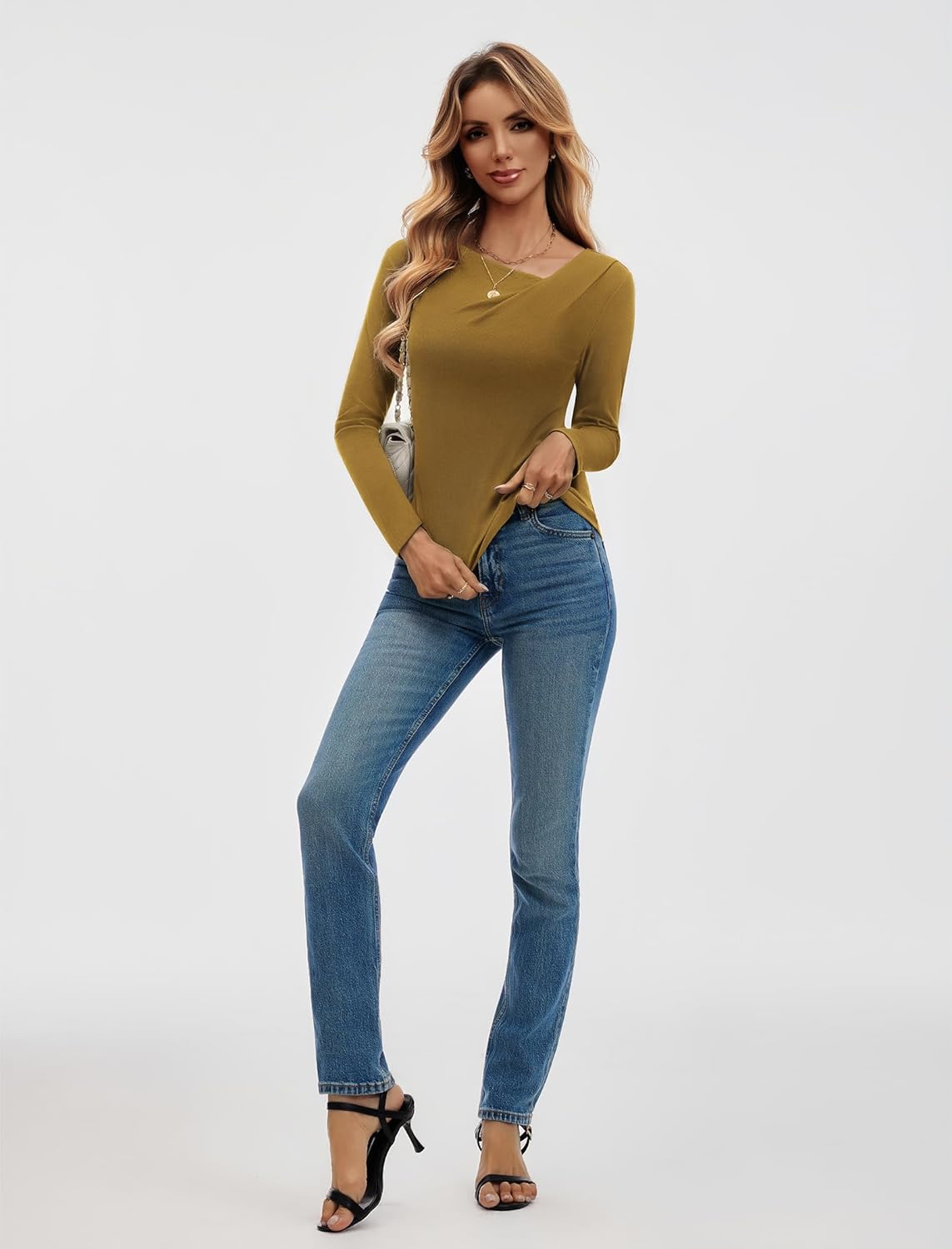 Women's Long Sleeve Asymmetrical Cowl Neck Ribbed Tops 2026 Spring Fashion Dressy Shirt Going Out Top - Image 8